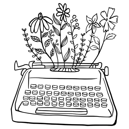Line drawing of a typewriter with wildflowers growing out of the carriage