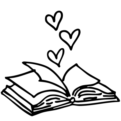 Line drawing of an open book with hearts rising from the pages